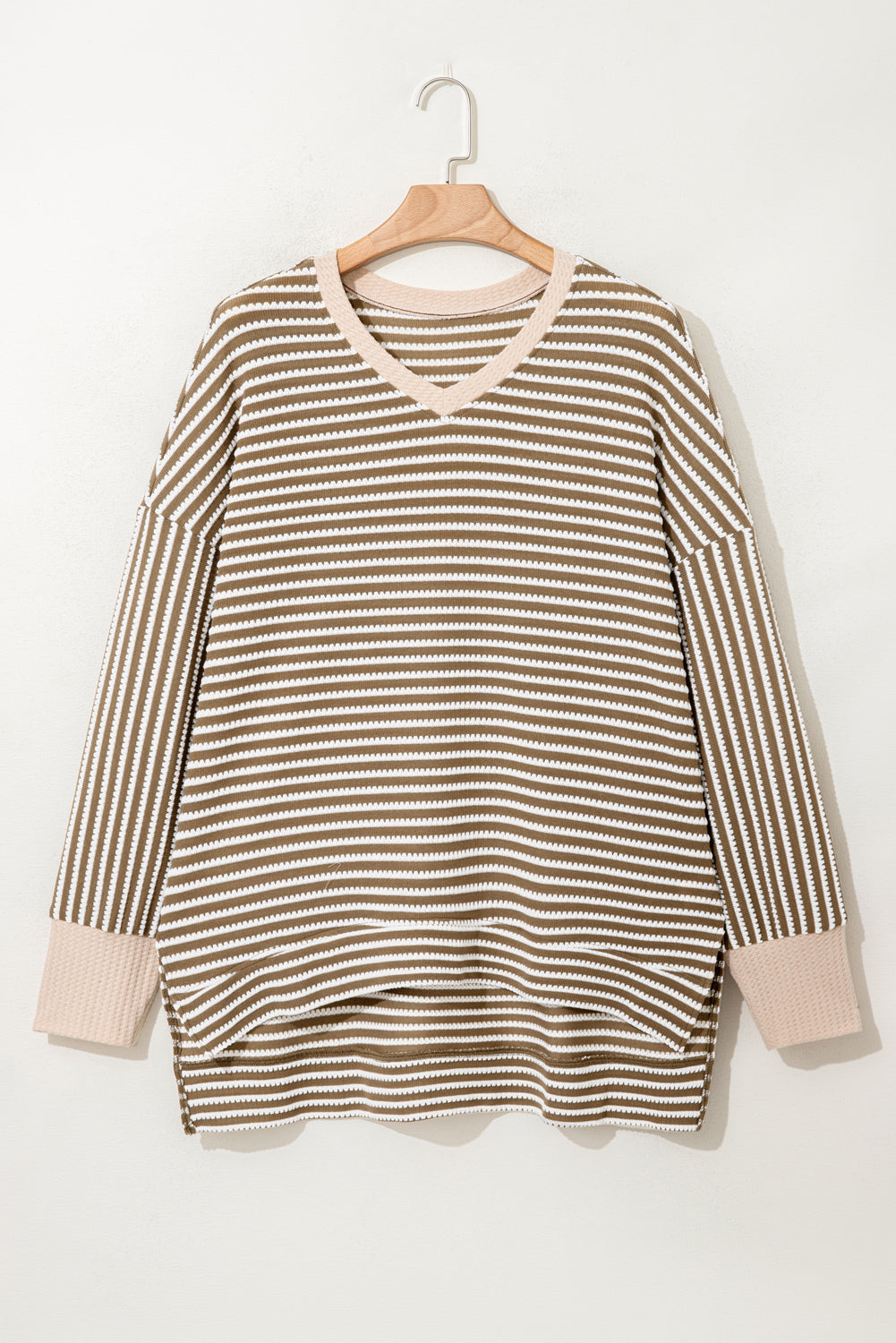 Khaki Stripe Textured Dolman Sleeve High Low Plus Size Top 🇺🇸