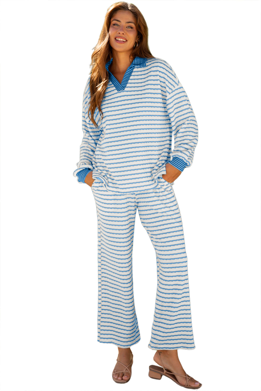Sky Blue Stripe Collared Pullover Top and Drawstring Pant Set 🇺🇸
