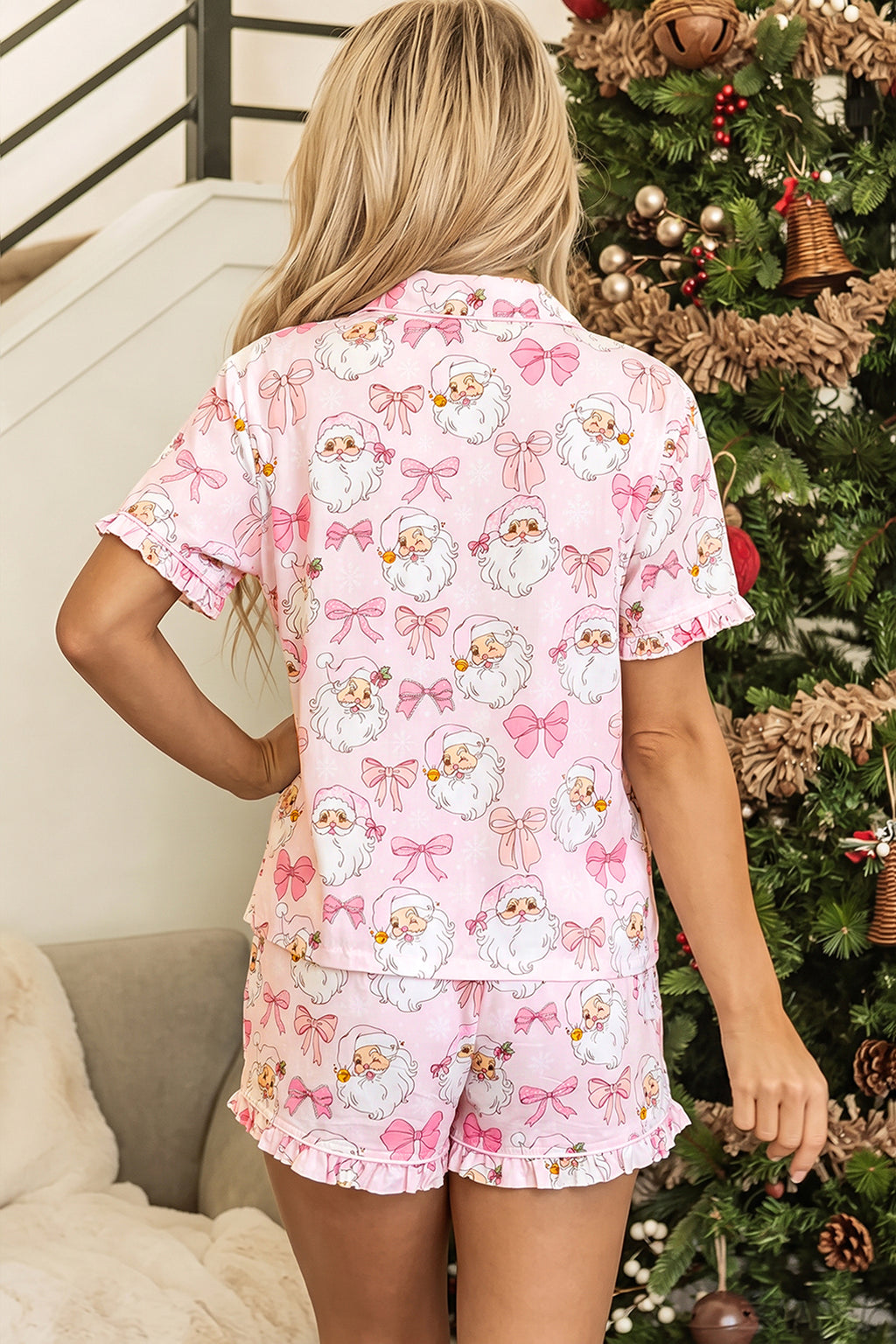 Pink Santa Print Paneling Shift Silhouette Short Sleeve Lounge Set 🇺🇸