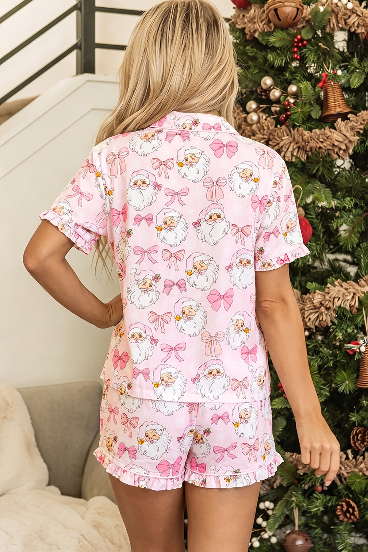 Pink Santa Print Paneling Shift Silhouette Short Sleeve Lounge Set 🇺🇸