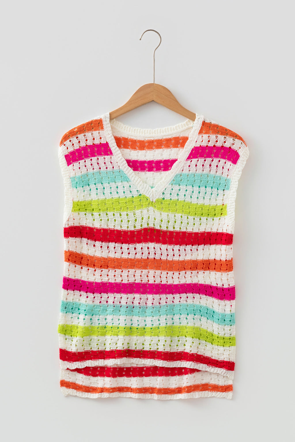Multicolour Striped Eyelet Knit V Neck Sweater Team 🇺🇸