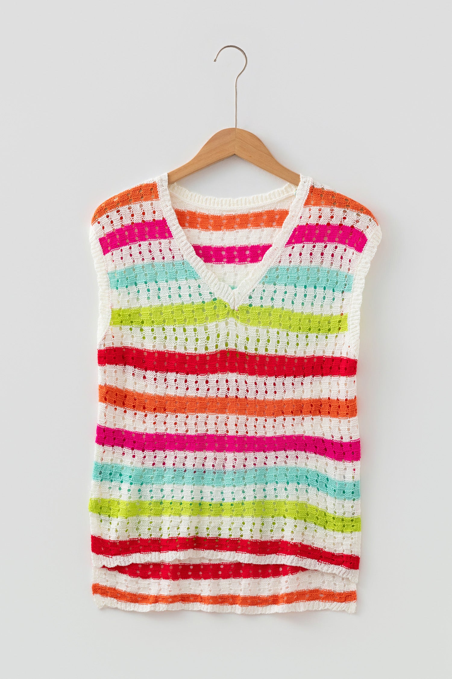 Multicolour Striped Eyelet Knit V Neck Sweater Team 🇺🇸
