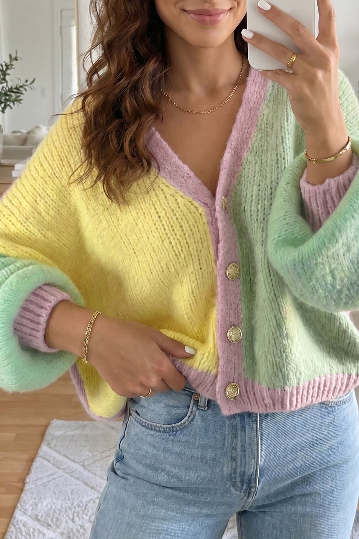 Yellow V Neck Drop Shoulder Patchwork Regular Wash Knitwear Cardigan 🇺🇸