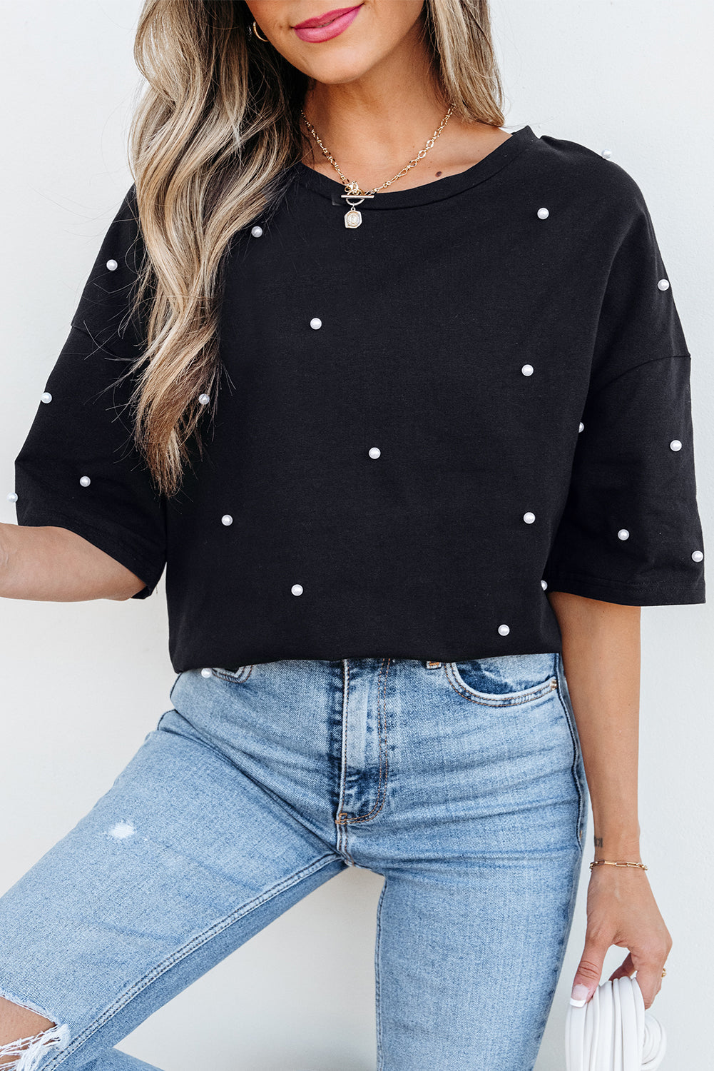 Black Pearl Beaded Drop Shoulder Crewneck T Shirt 🇨🇳