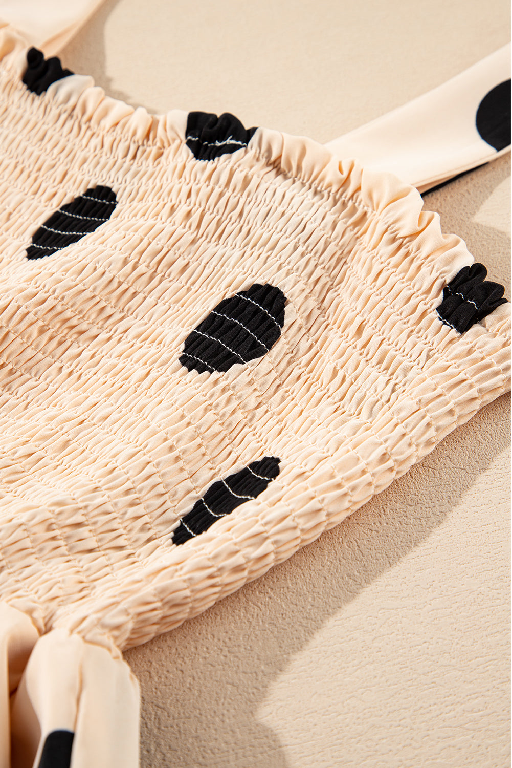 Oatmeal Polka Dot Smocked Fit Flared Sleeveless Long Dress 🇨🇳