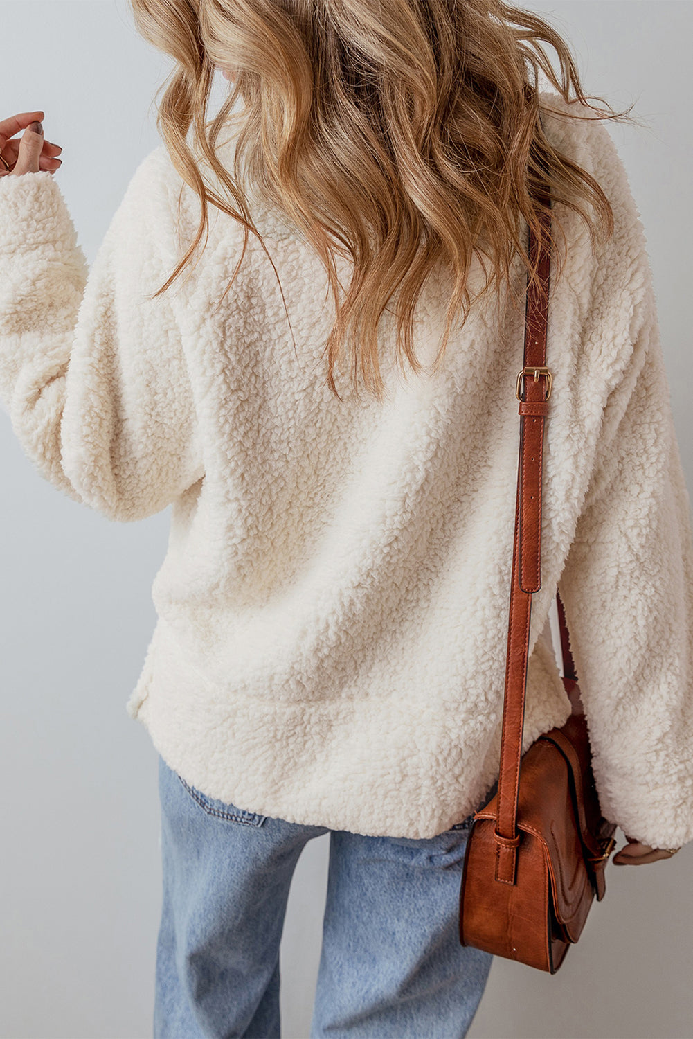 White Solid Fleece High Neck Drop Shoulder Pullover Sweatshirt 🇺🇸