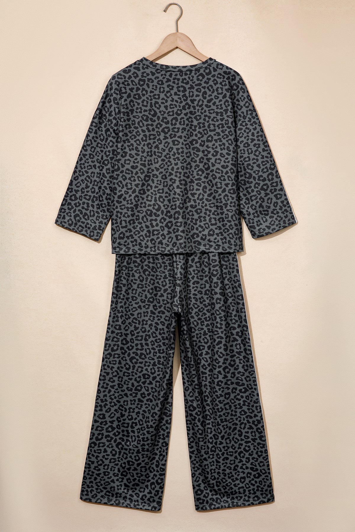 Gray Leopard Print Varsity Striped Detail 3/4 Sleeve Top Shift Pant Set 🇺🇸