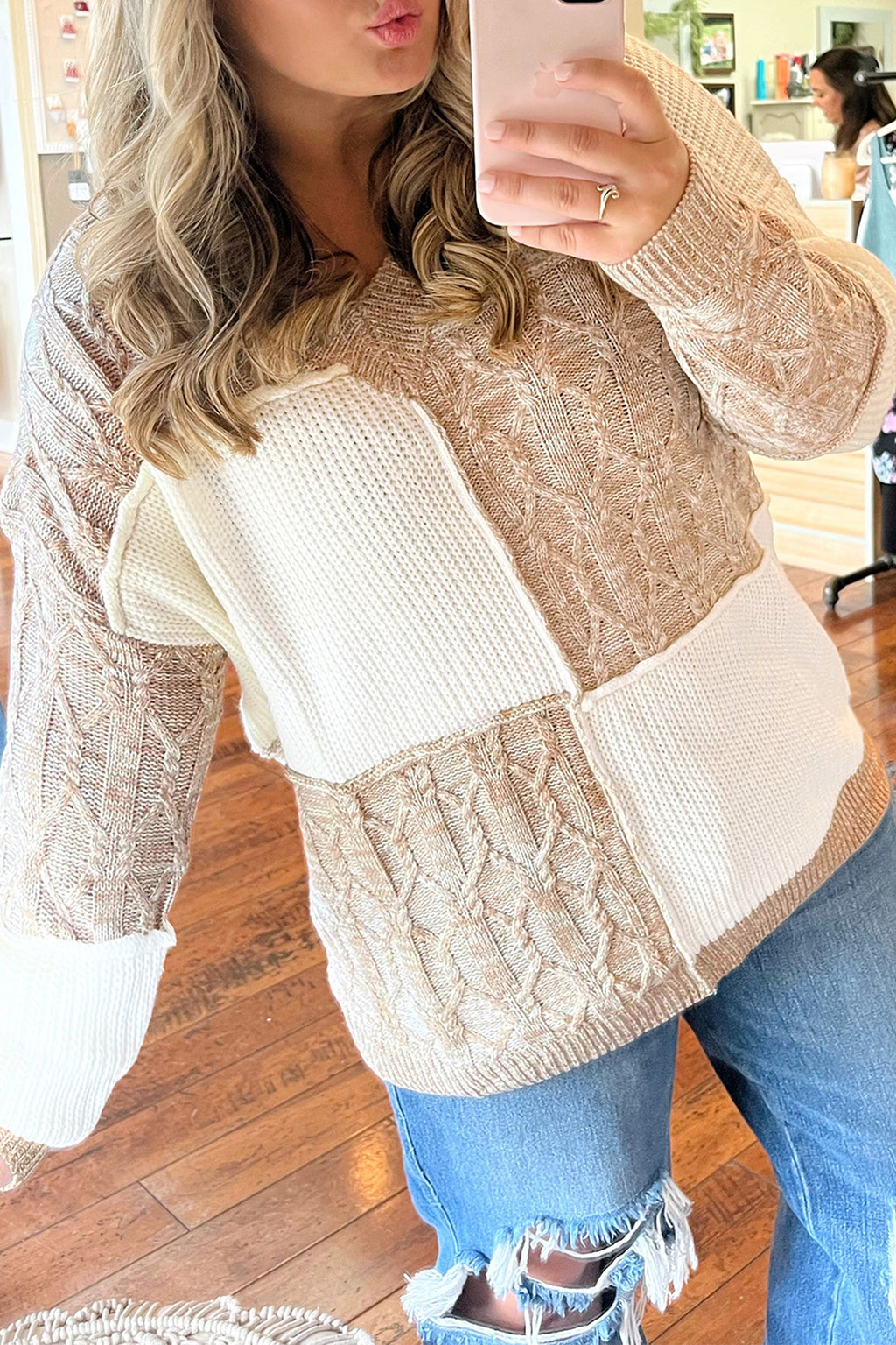 Parchment Colorblock V Neck Long Sleeve Tunic Loose Fit Plus Size Sweater 🇺🇸