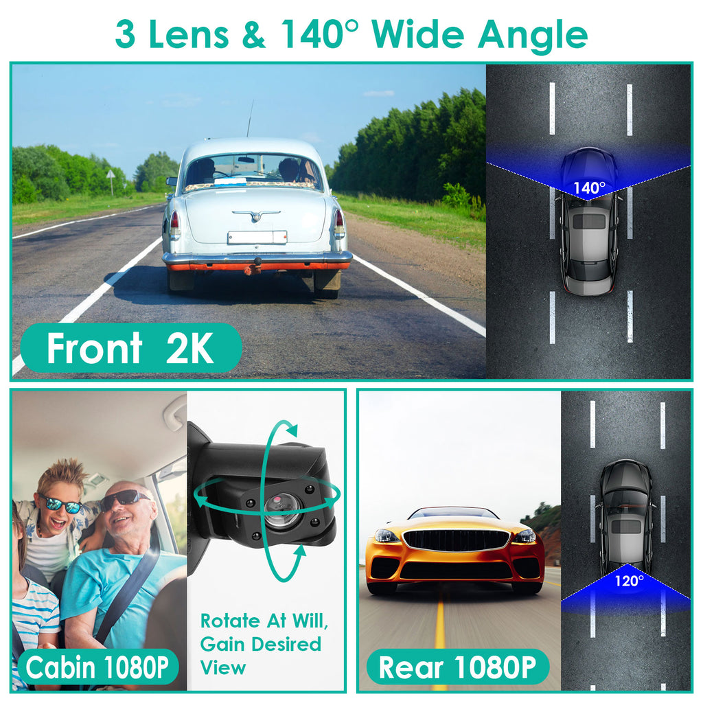 2K Car DVR 3 Channel Dash Cam Camcorder Camera Recorder With 140 Degree Angle GPS WiFi Night Vision G-sensor Loop Recording Parking Monitor 🇨🇳