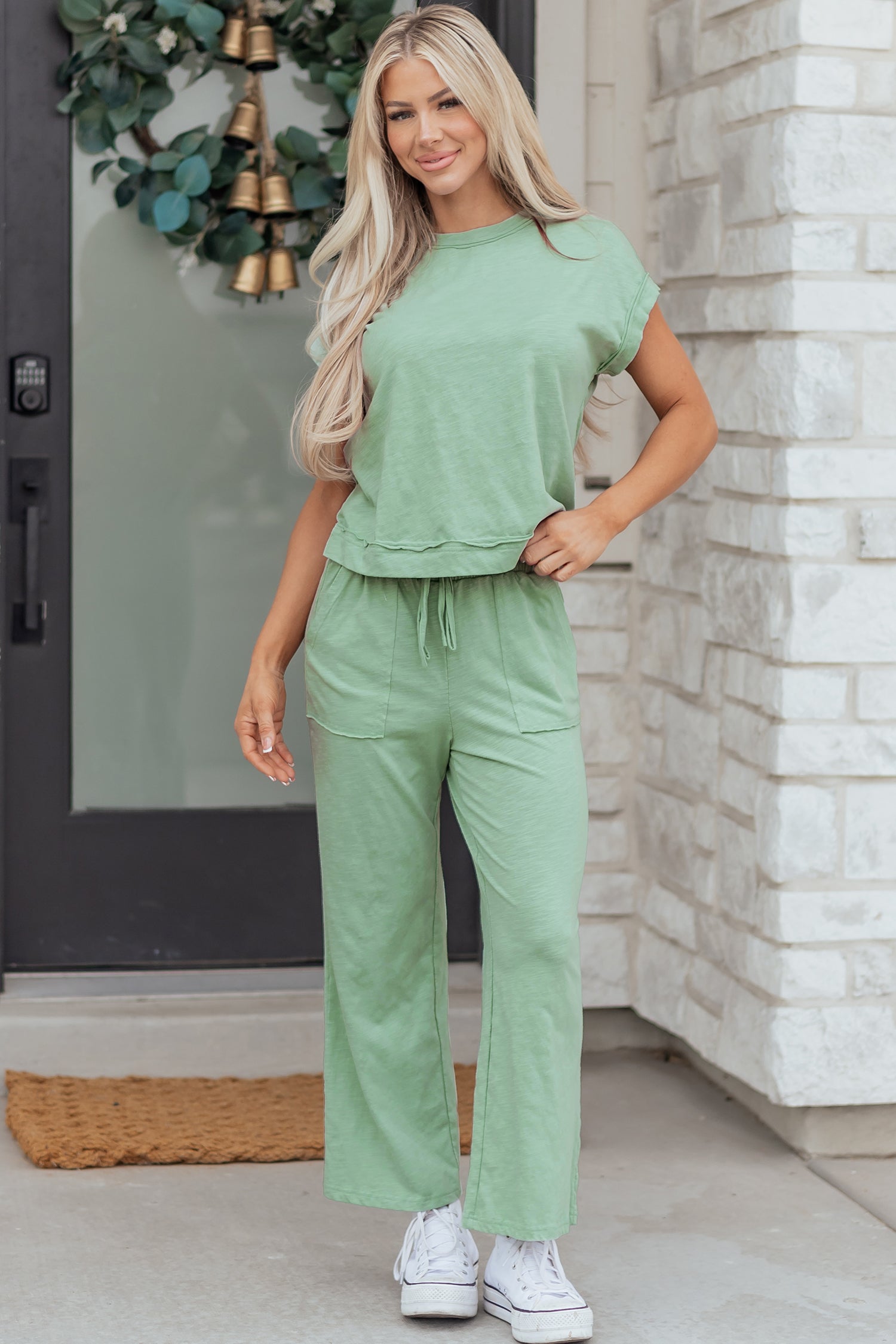 Canton Cuffed Short Sleeve Tee Raw Seam Patch Pocket Drawstring Pants Set 🇺🇸