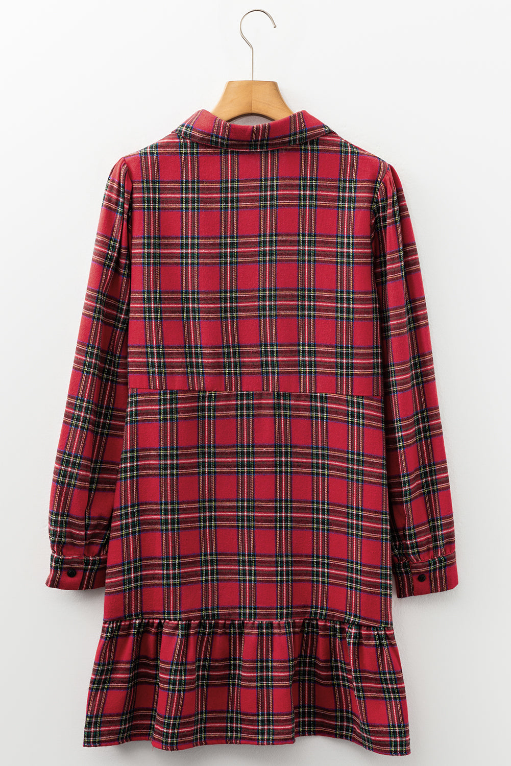 Red Plaid Shirt Collar Half Button Ruffle Hem Long Sleeve Mini Dress 🇺🇸