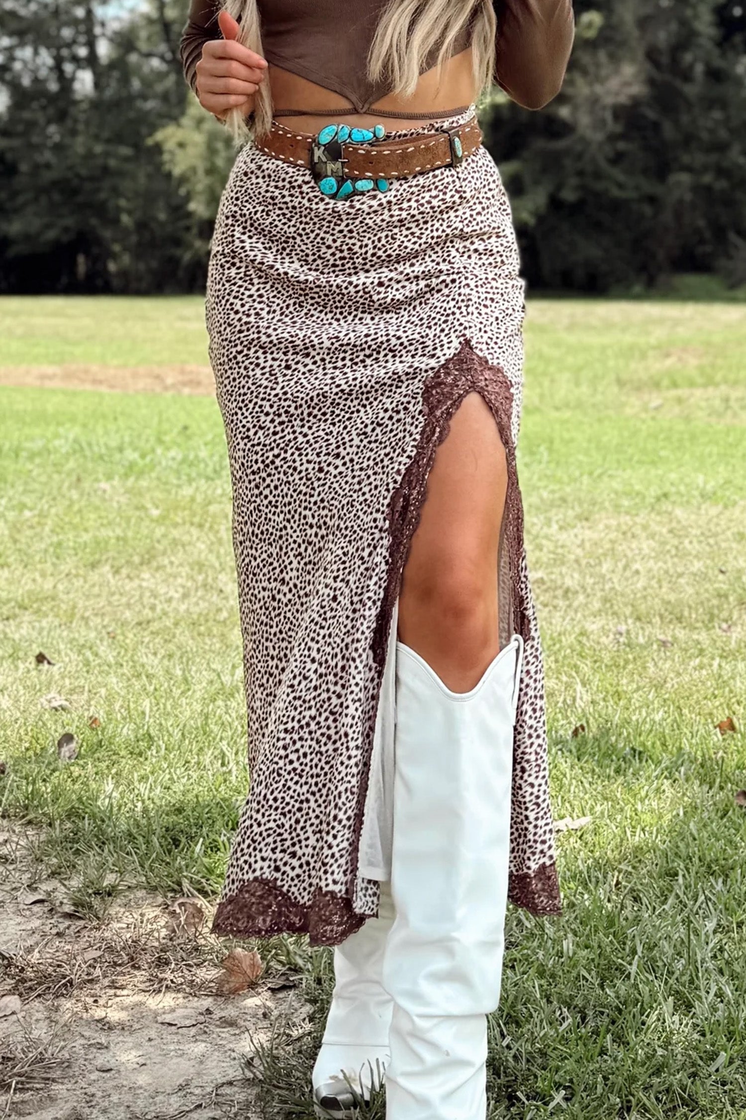 Brown Cheetah Print Trim Split Long Western Skirt 🇺🇸