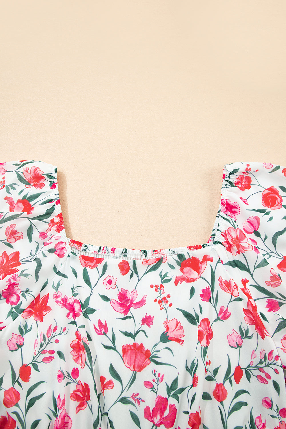 Pink Floral Puff Sleeve Square Neck Empire Waist Tiered Maxi Dress 🇨🇳