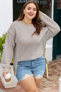 Brown Stripe Plus Size Breathable Knit Ribbed Trim Long Sleeve Top 🇺🇸