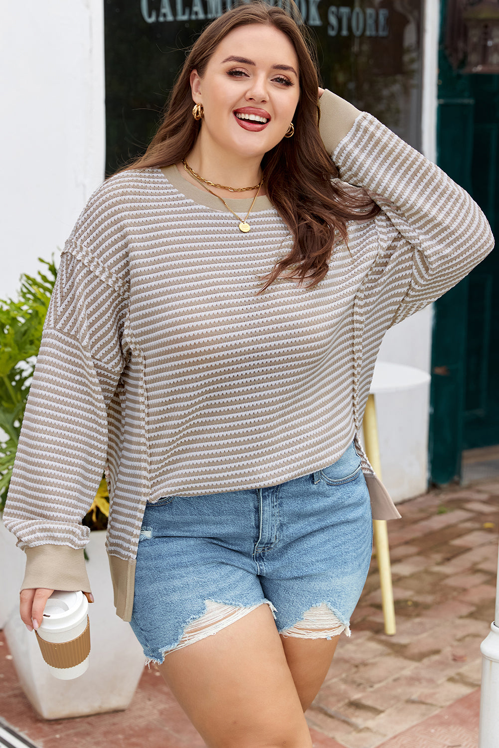 Brown Stripe Plus Size Breathable Knit Ribbed Trim Long Sleeve Top 🇺🇸