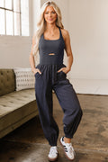 Carbon Grey Back Crossed Straps Hollow Out Jogger Jumpsuit 🇺🇸