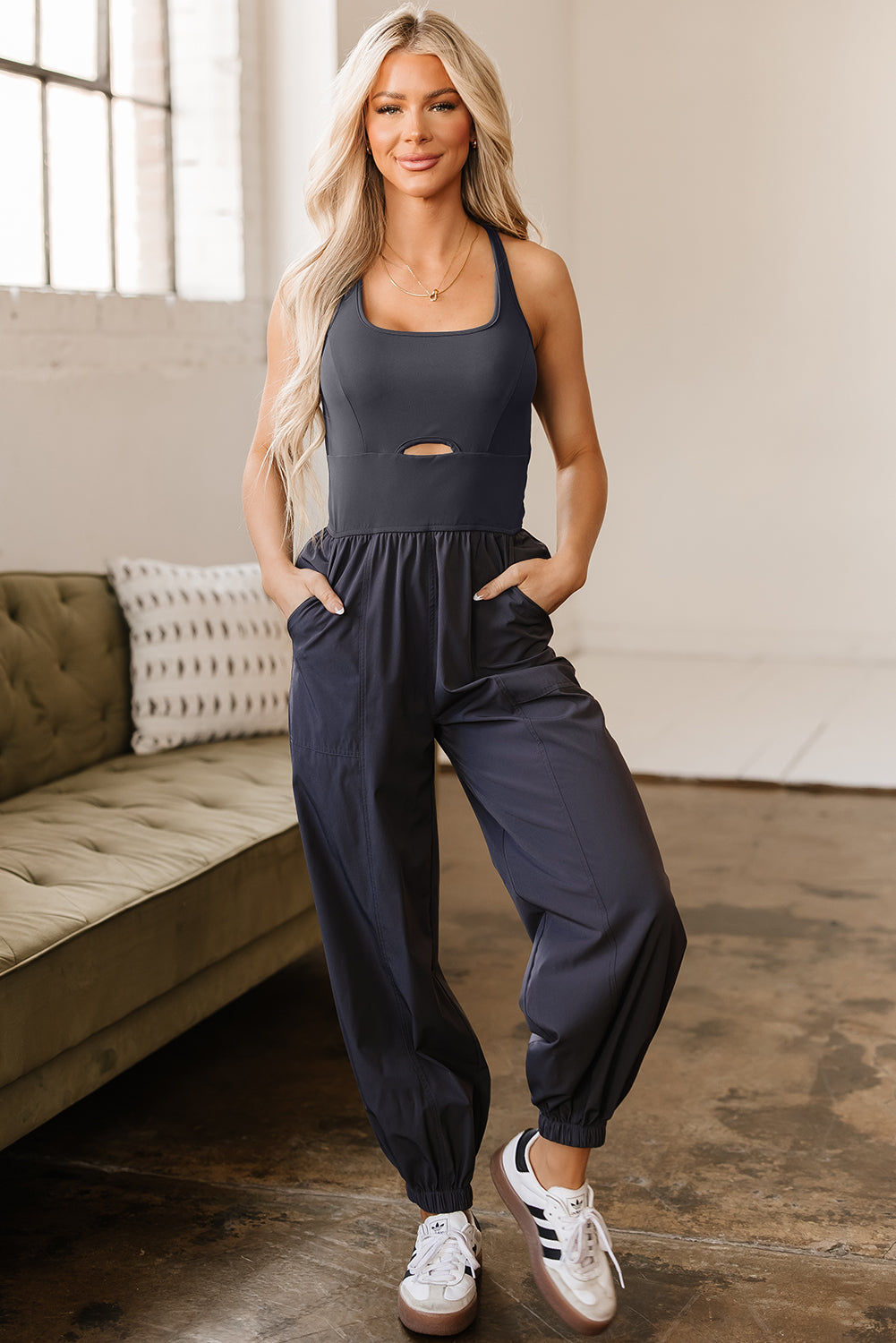 Carbon Grey Back Crossed Straps Hollow Out Jogger Jumpsuit 🇺🇸