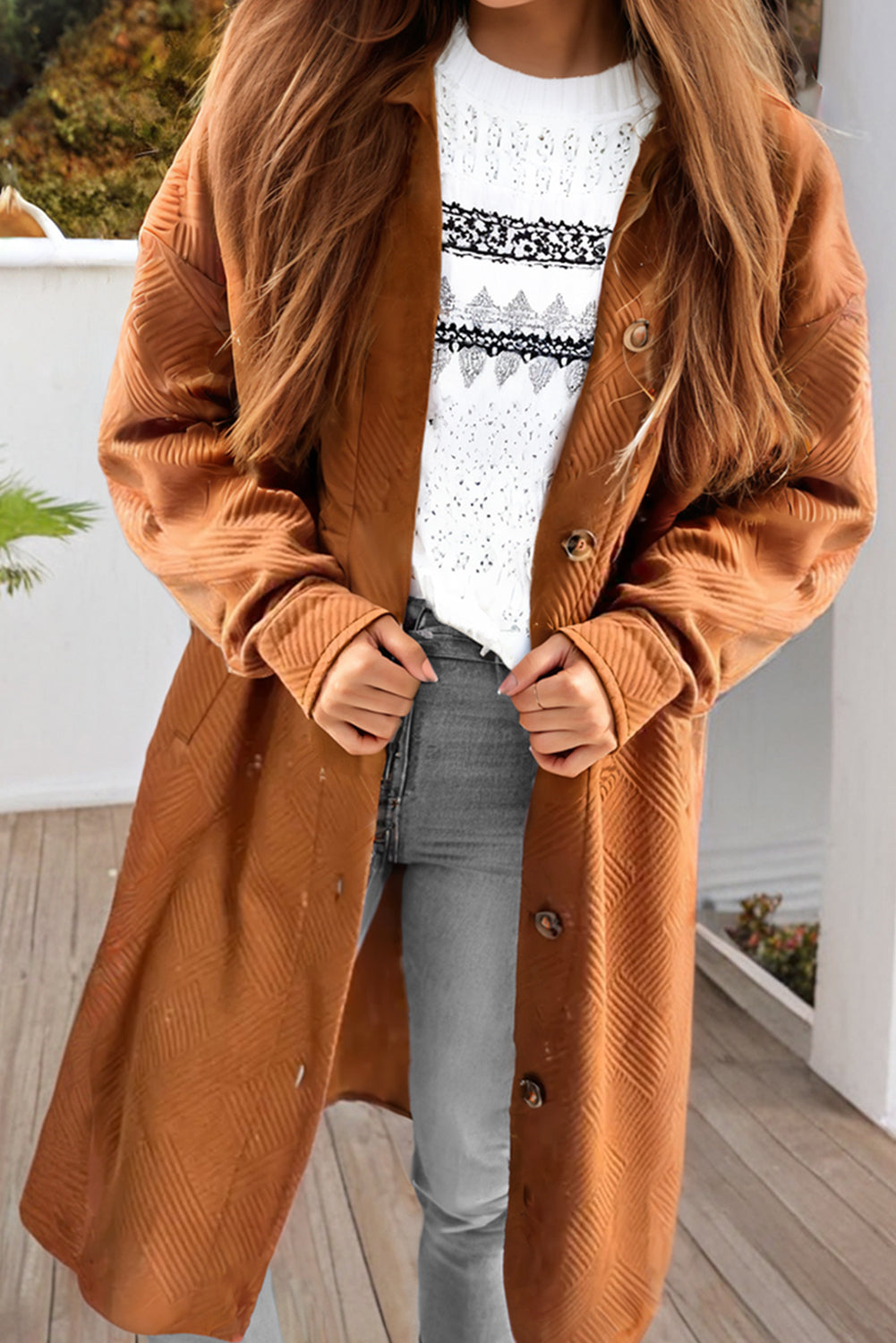 Gold Flame Textured Collared Drop Shoulder Buttoned Front Duster Coat 🇺🇸