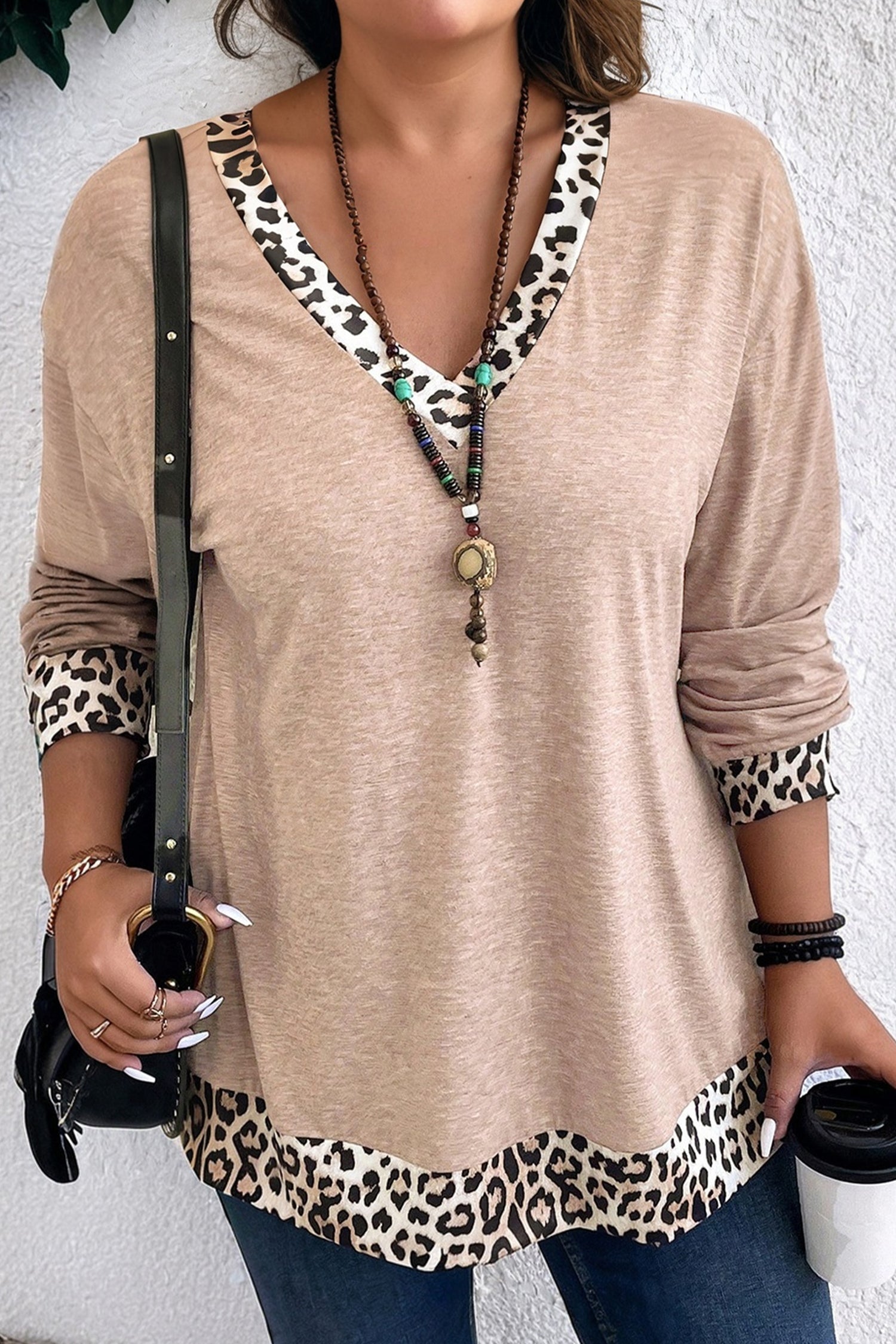 Parchment Leopard Patchwork V Neck Long Sleeve Plus Size Top 🇺🇸