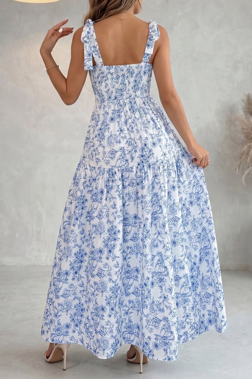 Sky Blue Floral Print Knot Straps High Waist Flared Maxi Dress 🇺🇸