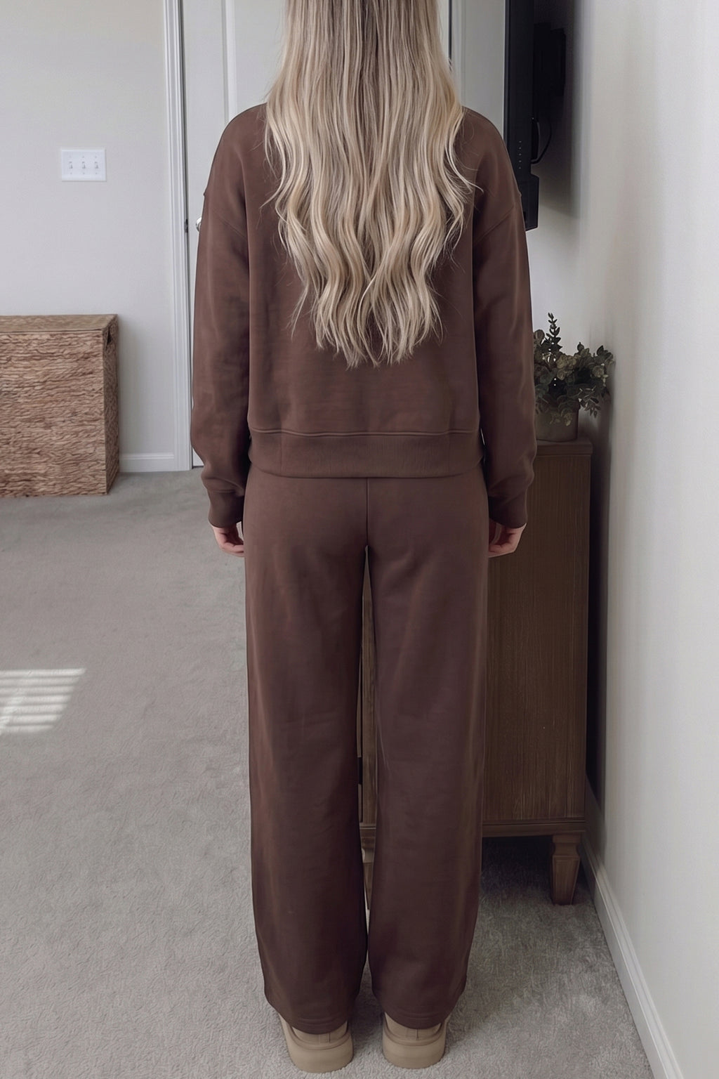 Coffee Solid Color Piping Trim Mock Neck Pullover Drawstring Pants Set 🇺🇸