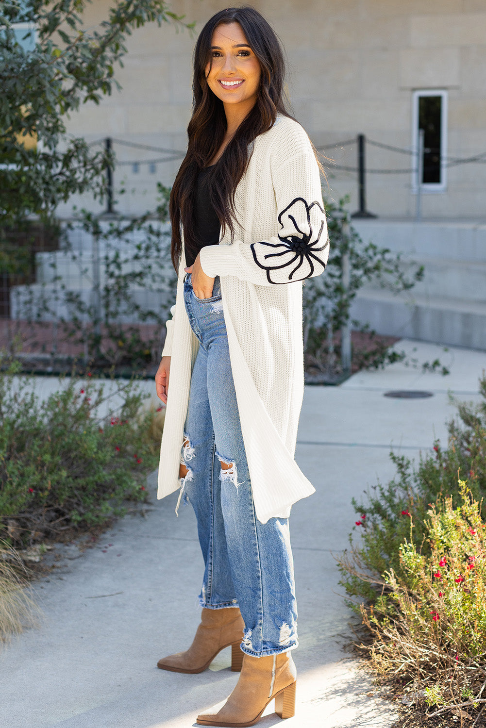 Beige Flower Embroidered Drop Shoulder Open Front Duster Cardigan 🇨🇳