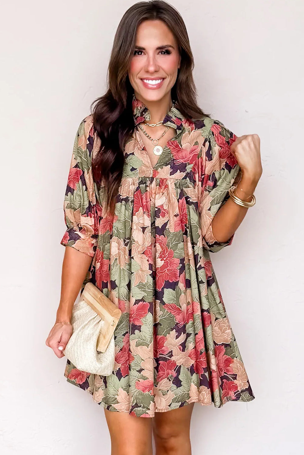 Green Floral Print Frilled Collar V Neck Half Sleeve Mini Dress 🇺🇸