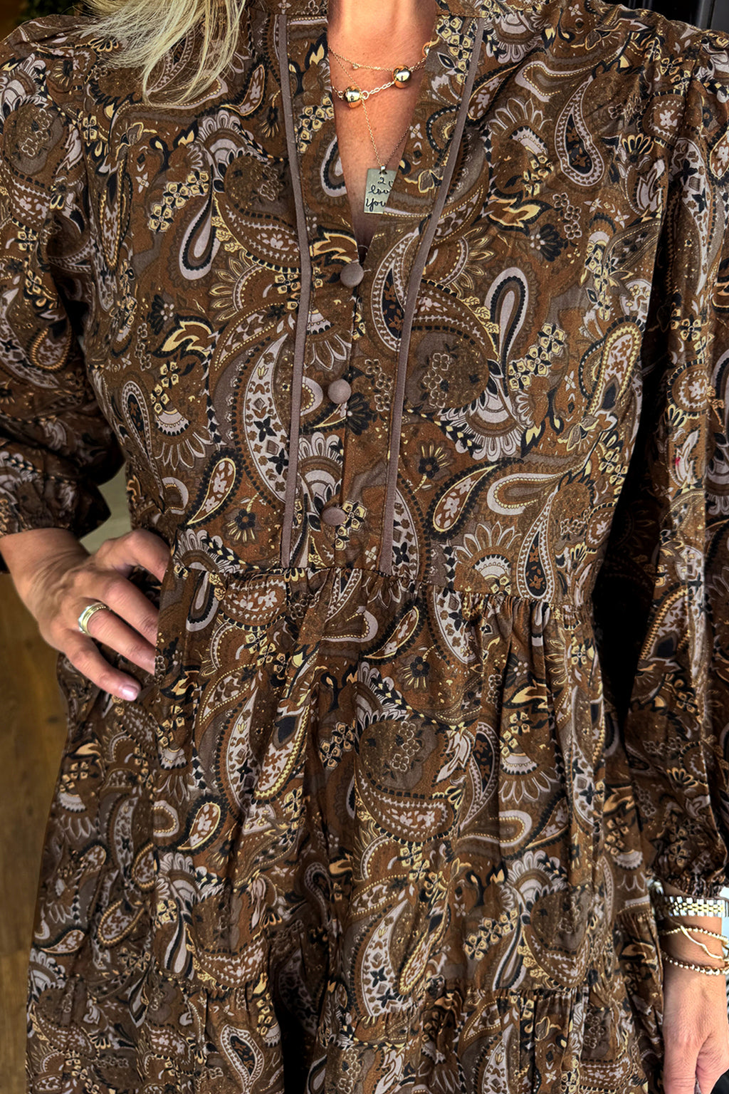 Brown Paisley Print Half Buttons Puff Sleeve Flowy Short Dress 🇺🇸