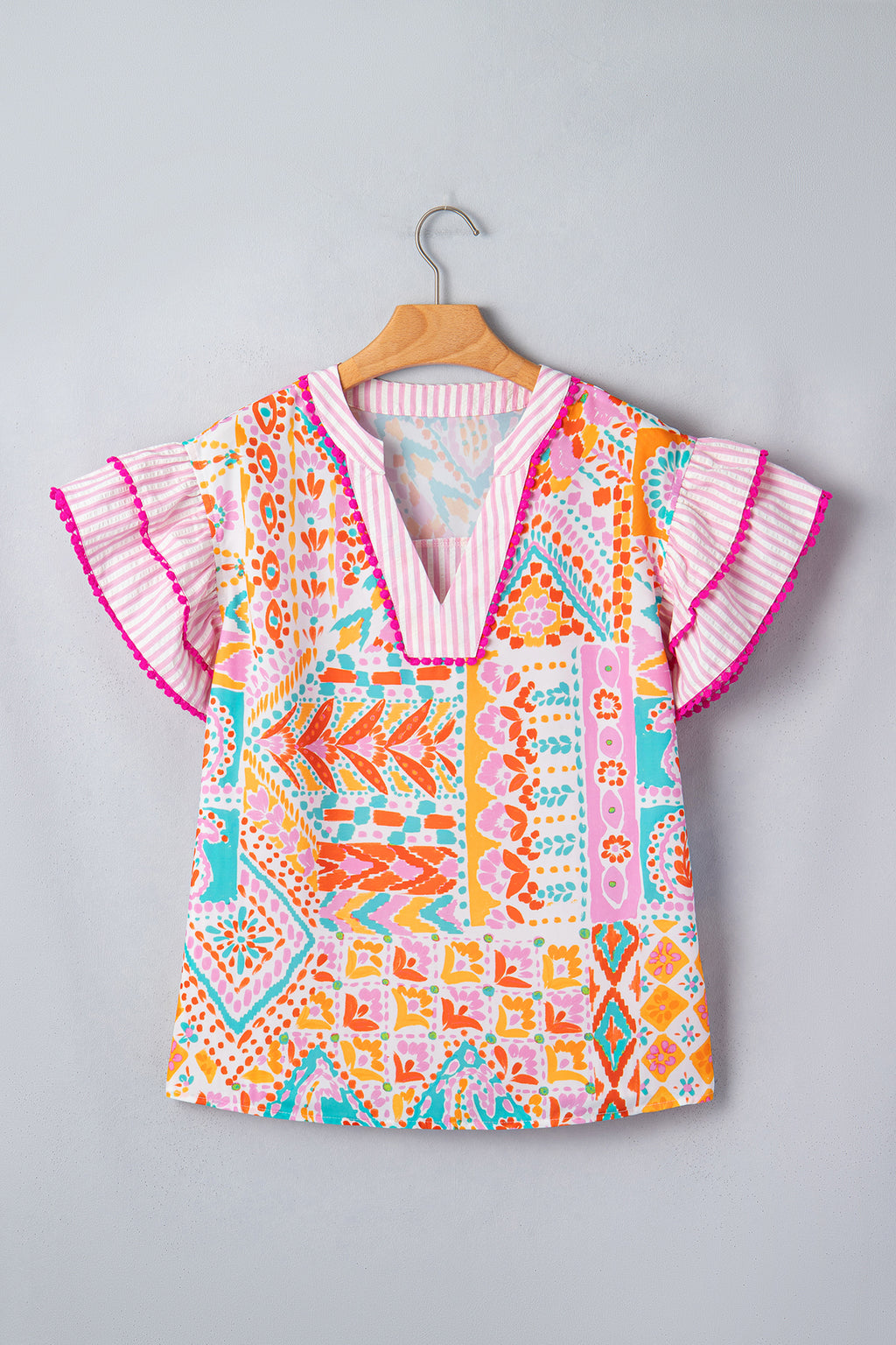 Rose Boho Mixed Print Contrast Trim Striped Patchwork Tiered Short Sleeve Blouse 🇺🇸