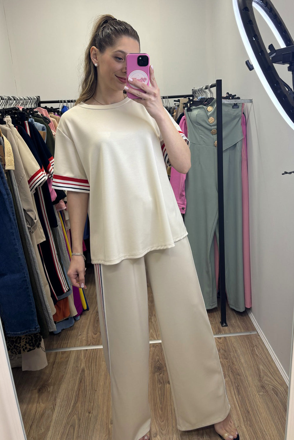 Jet Stream Contrast Striped Trim Crewneck T Shirt Loose Straight Pants Set 🇺🇸