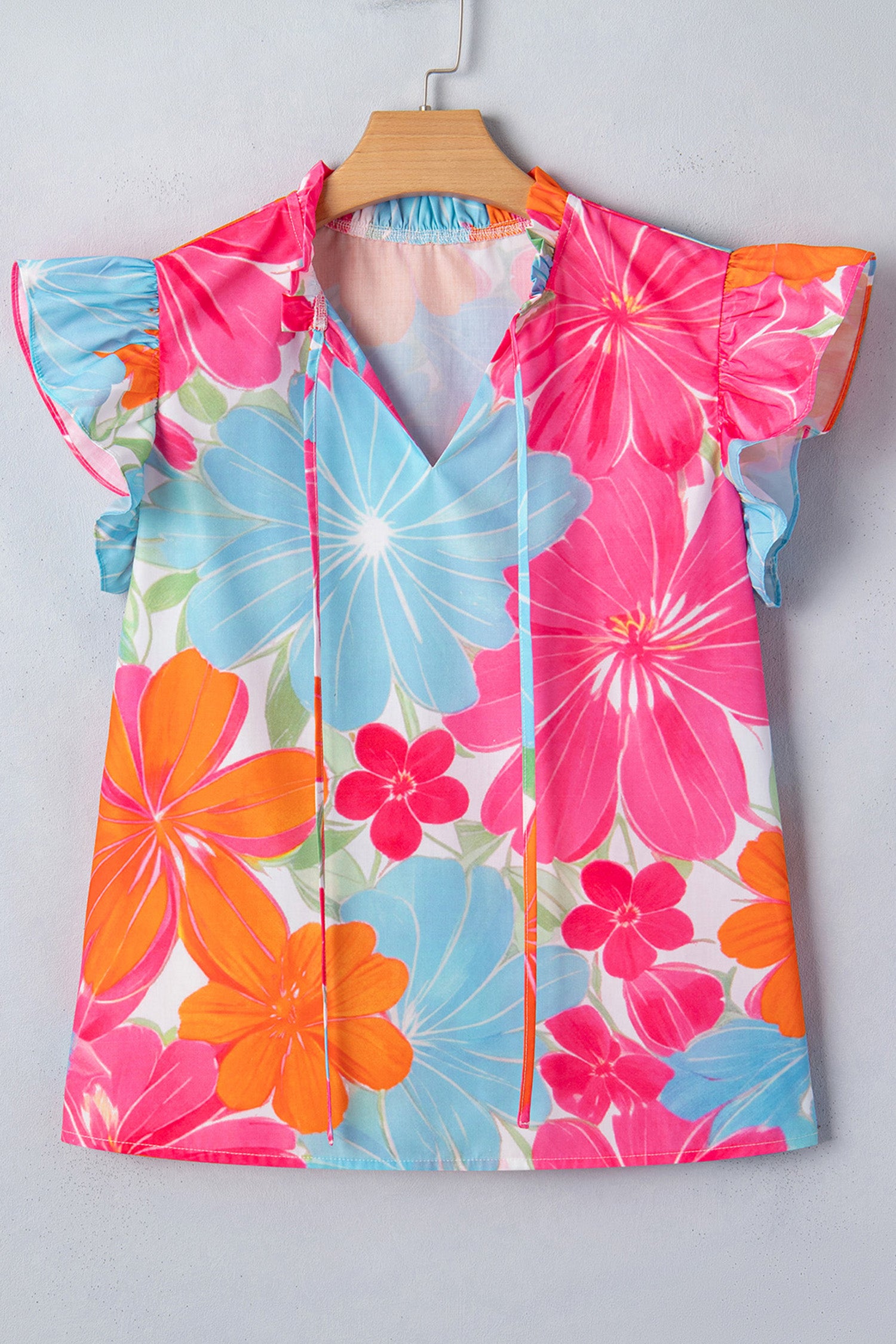 Multicolour Vibrant Flower Printed Tie V Neck Ruffle Trim Sleeveless Blouse 🇺🇸