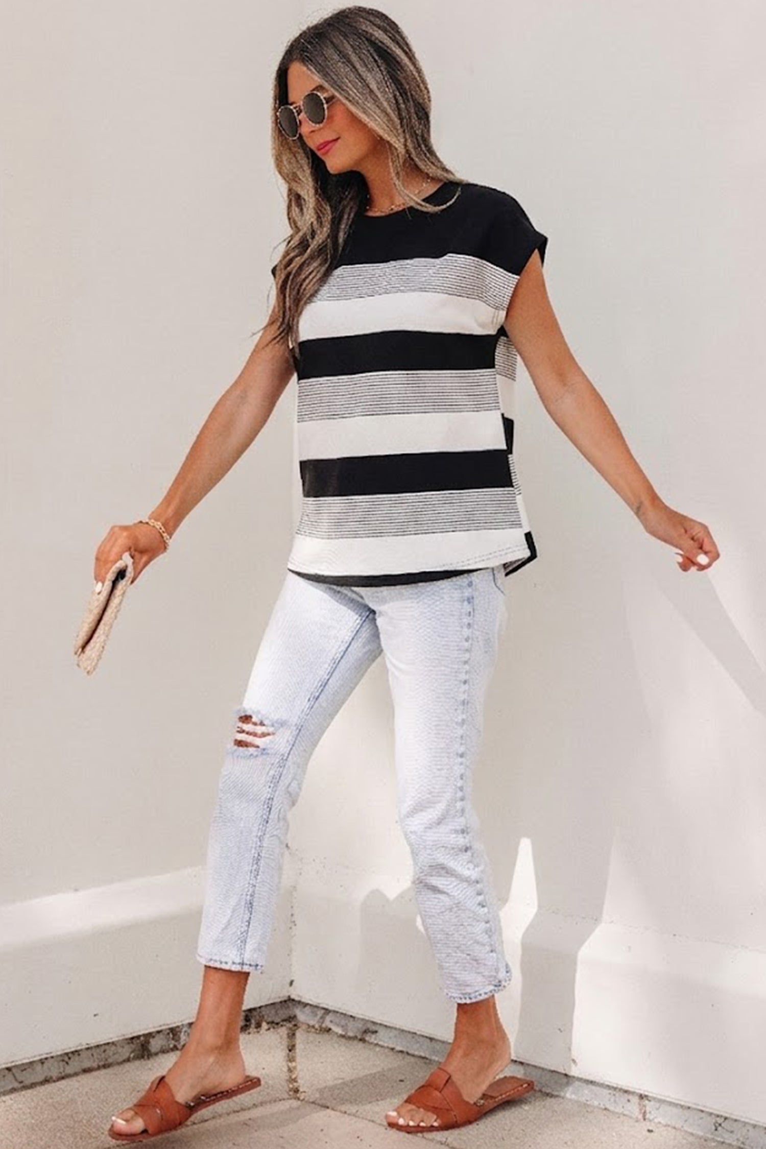 Black Stripe Mixed Print Crew Neck Cap Sleeve T Shirt 🇺🇸