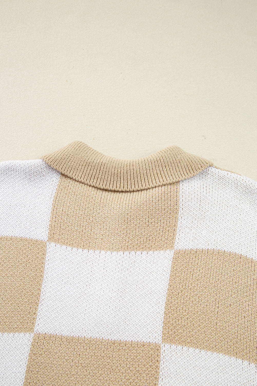 Light French Beige Checkered Pattern Polo Collar Loose Sweater  🇺🇸