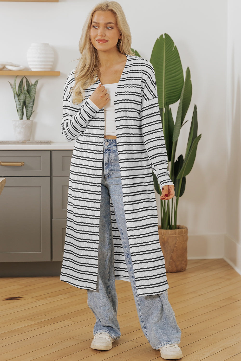 Black Stripe Print Open Front Duster Cardigan 🇺🇲