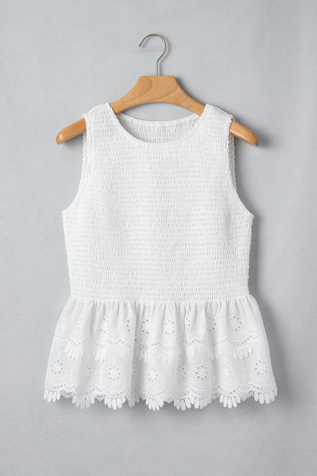 White Sleeveless Smocked Lace Peplum Top 🇺🇸