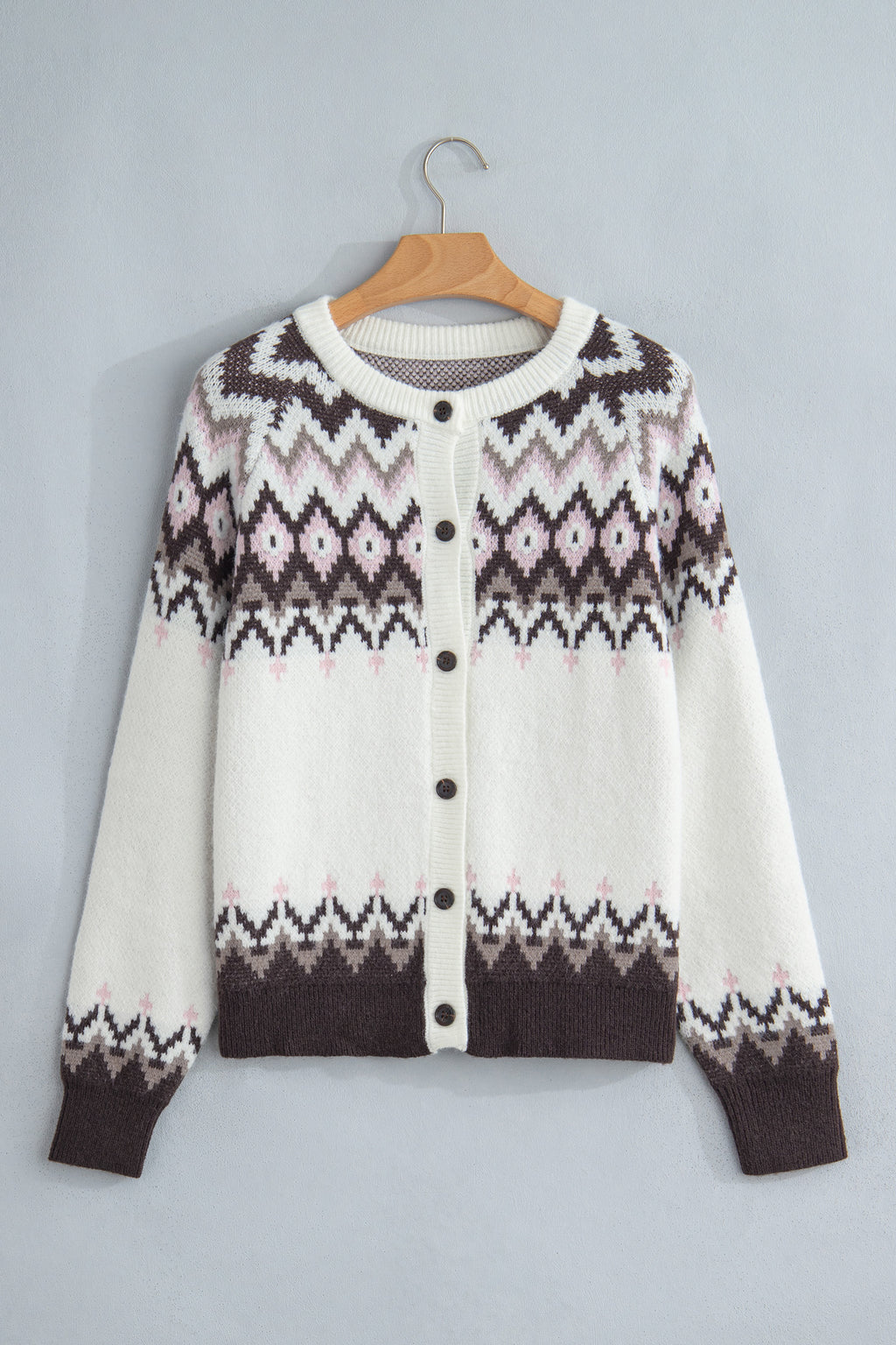 White Geometric Pattern Brushed Knit Button Cardigan 🇺🇸