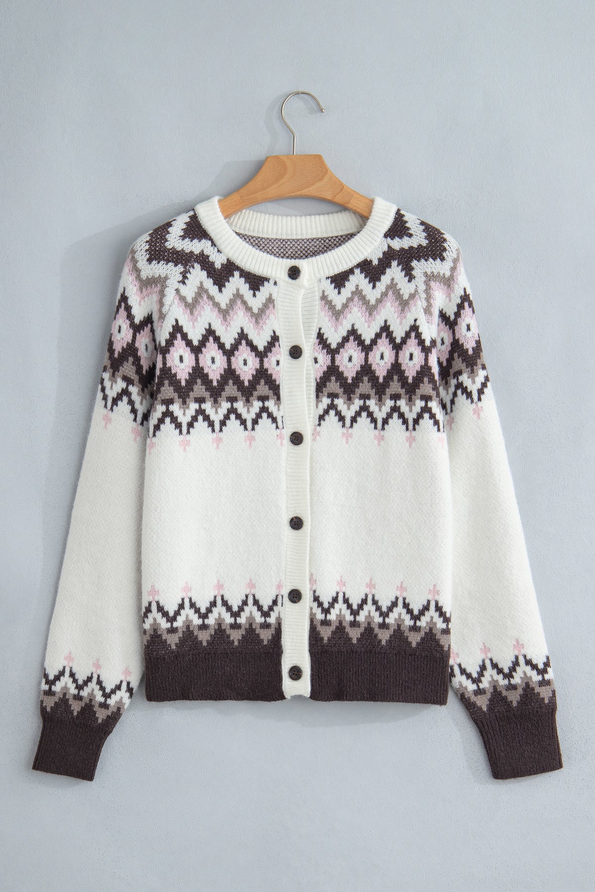 White Geometric Pattern Brushed Knit Button Cardigan 🇺🇸
