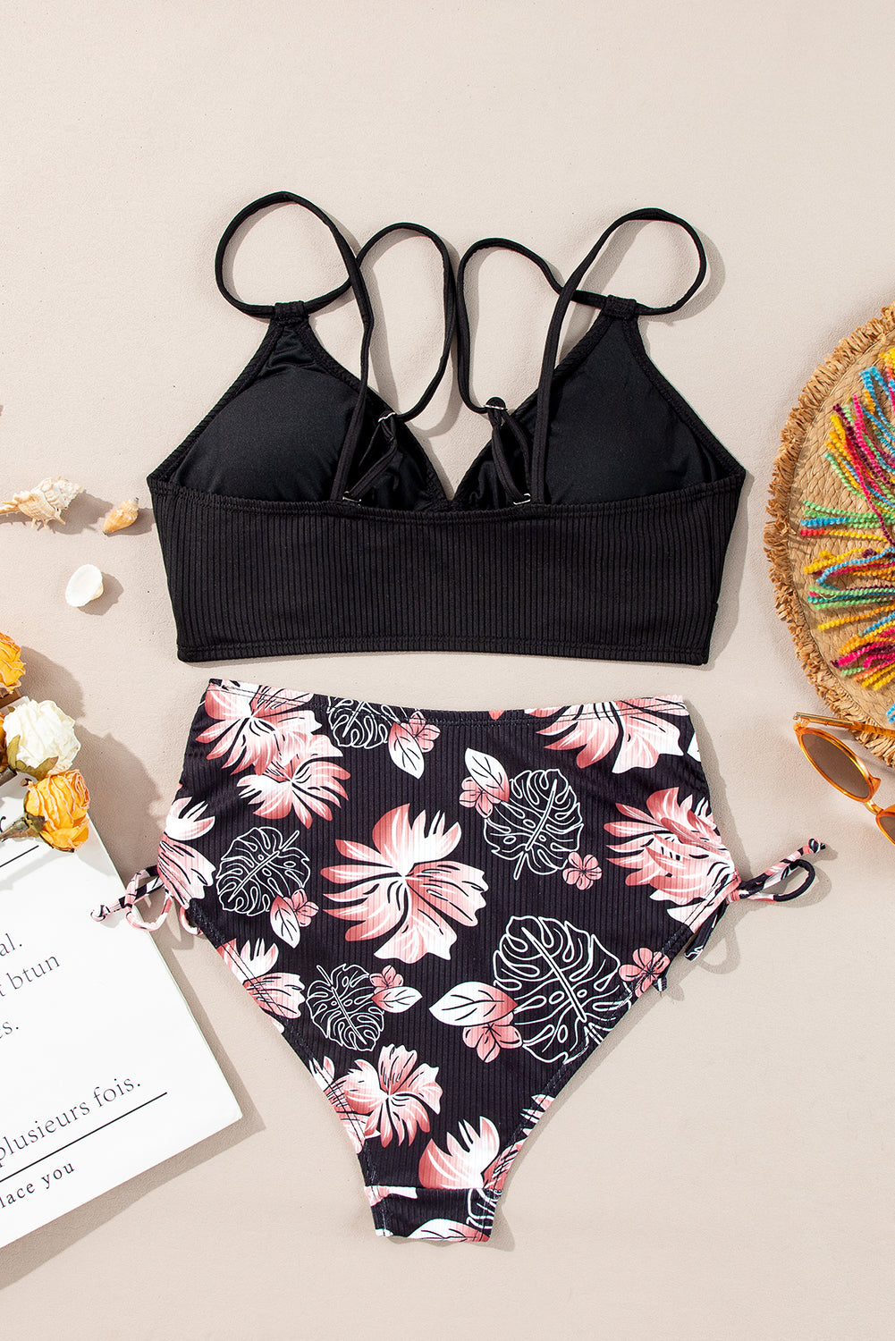 Black Ribbed Knit High Waist 2pcs Bikini Swimsuit 🇺🇸