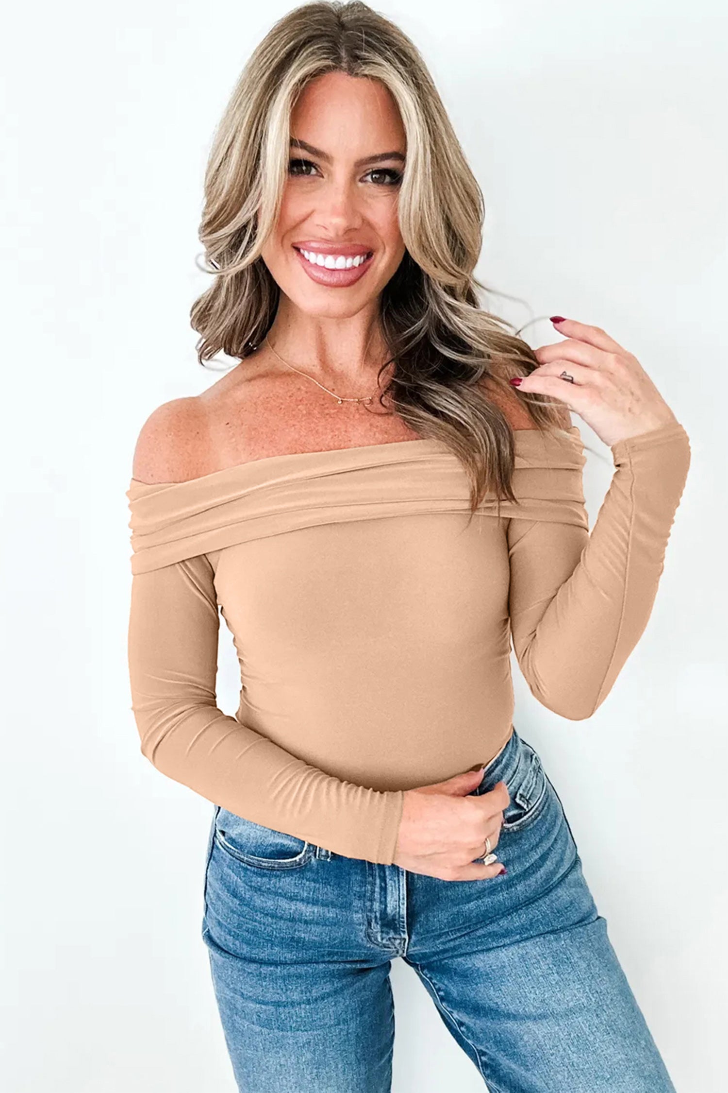 Smoke Gray Foldover Off Shoulder Long Sleeve Slim Top 🇺🇸