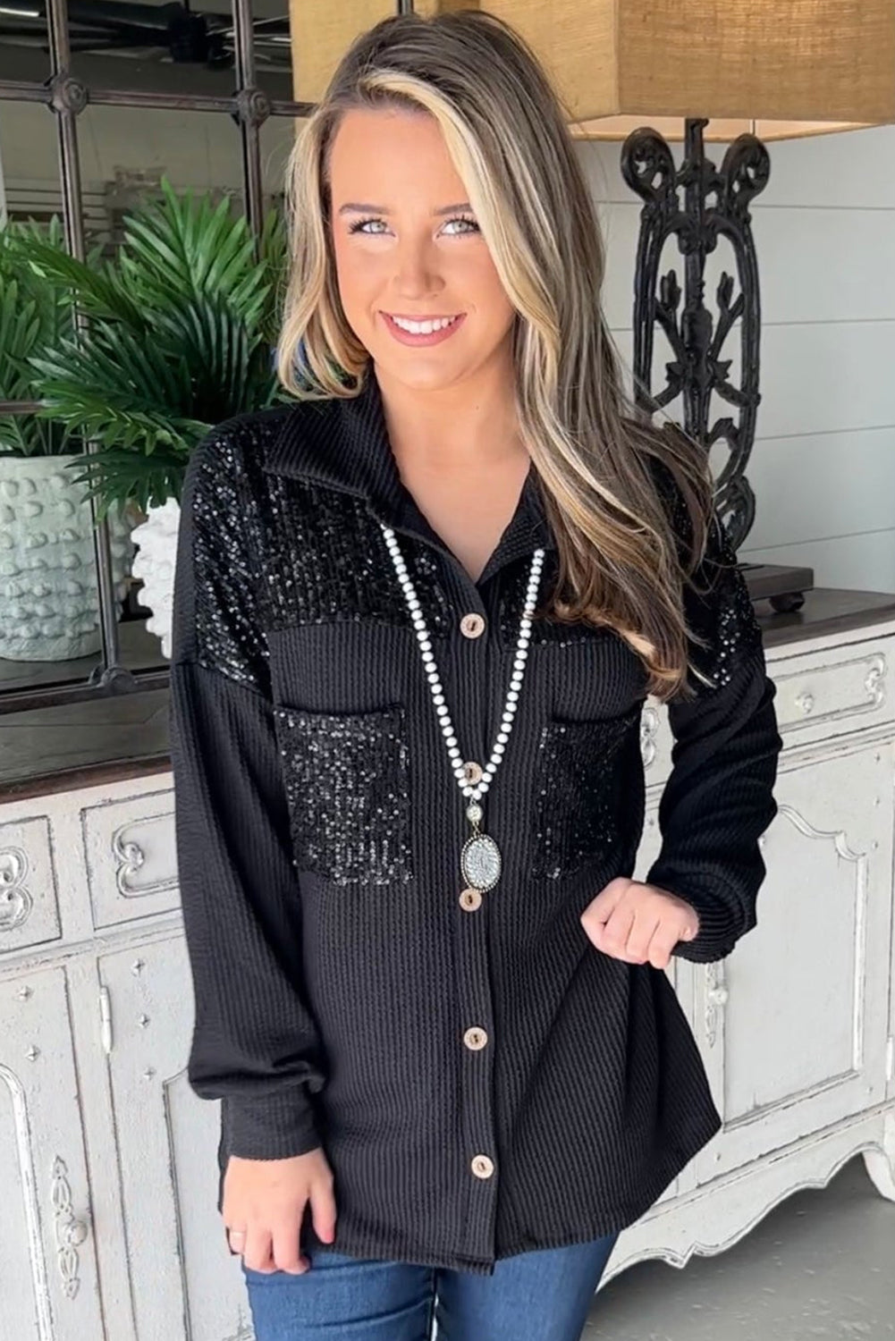 Black Sequin Patch Chest Pocket Corded Shacket 🇺🇲