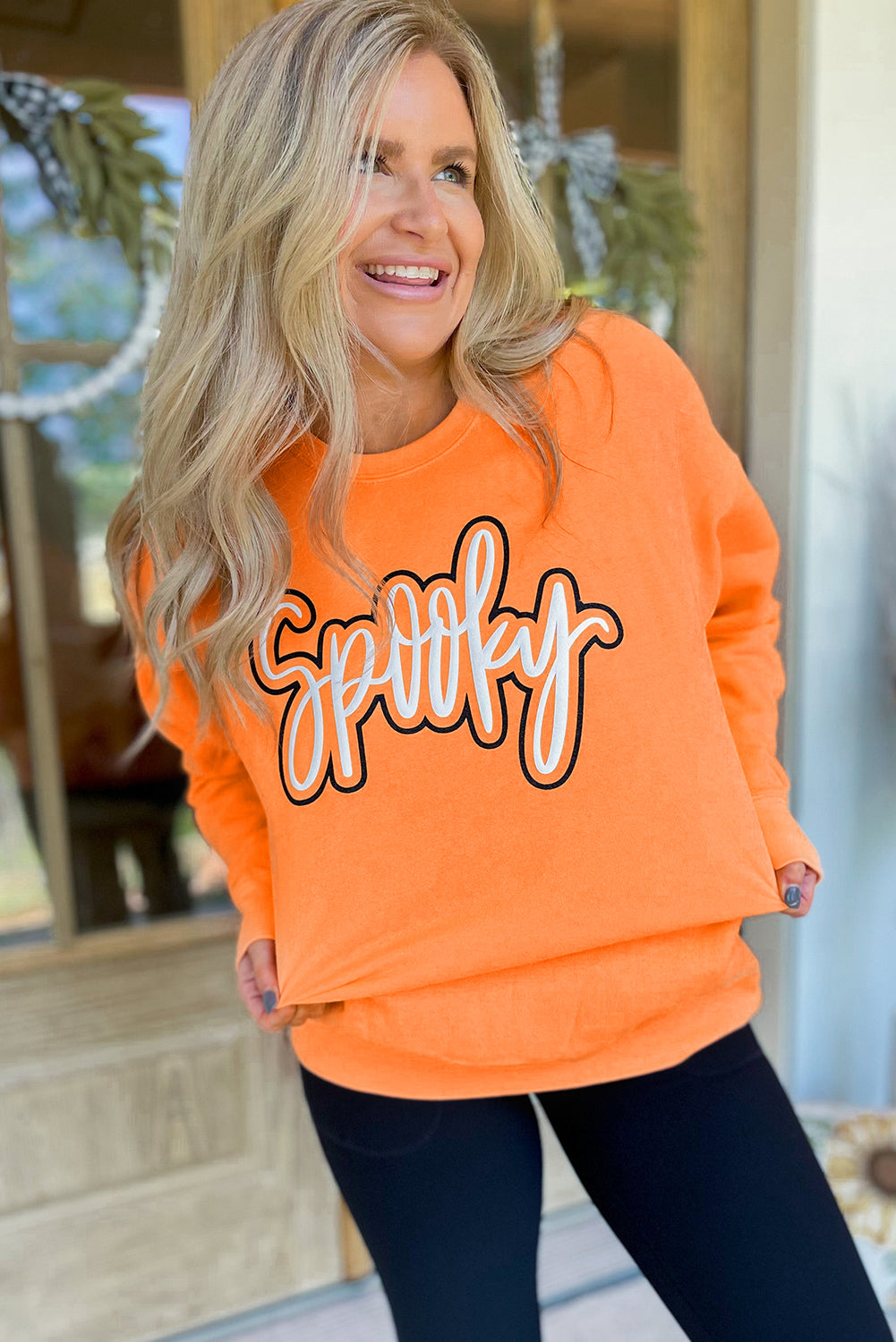 Grapefruit Orange Spooky Graphic Halloween Crew Neck Holiday Sweatshirt 🇺🇸