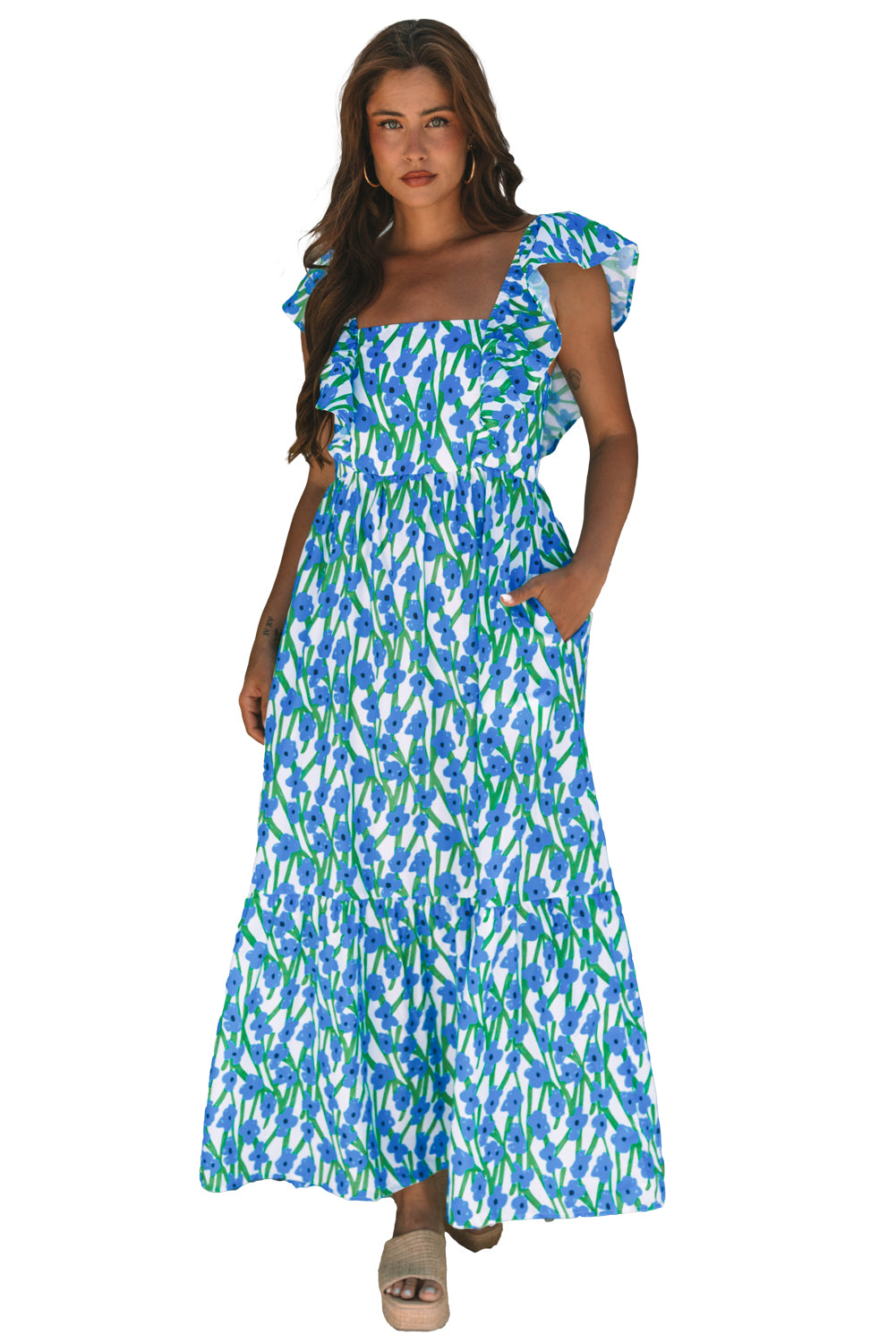 Blue Floral Print Square Neck Ruffled Strap Maxi Dress 🇨🇳