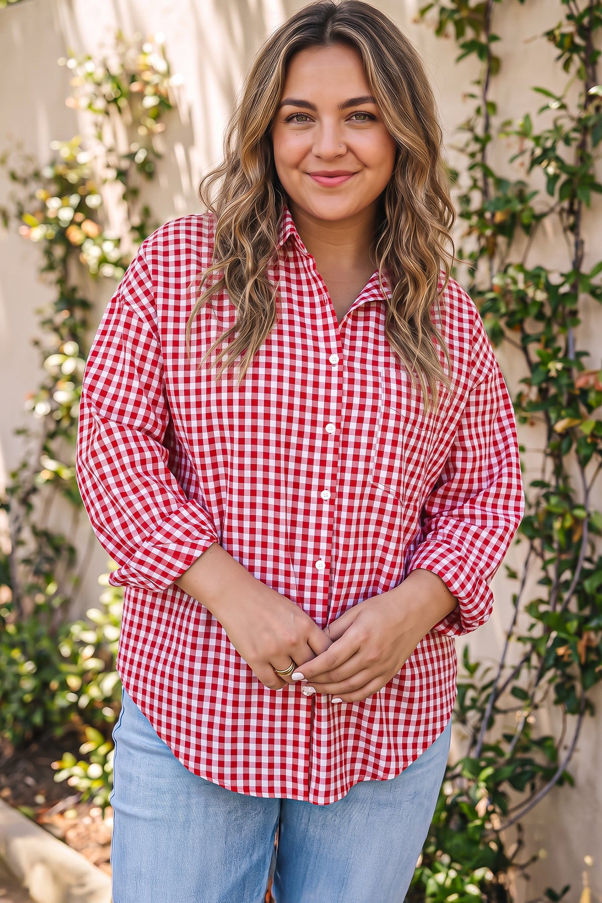 Red Plaid V Neck Long Sleeve Tunic Loose Fit Plus Size Shirt 🇺🇸