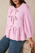 Pink Stripe Bowknot Front Crew Neck Puff Sleeve Blouse 🇺🇸