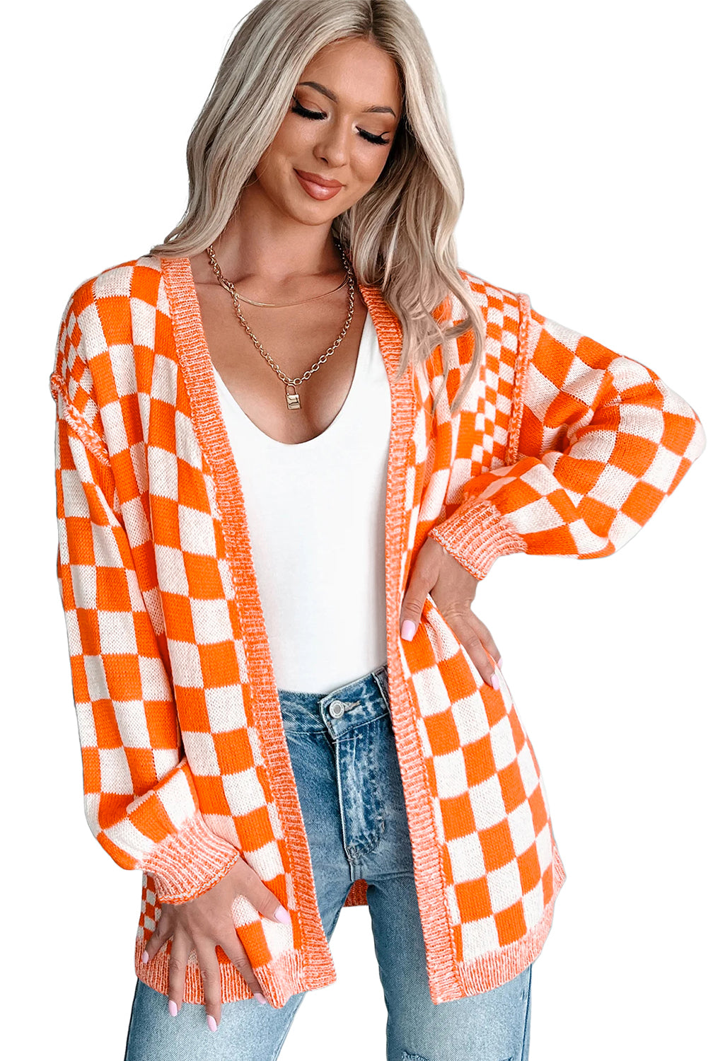 Orange Checkered Open Front Drop Shoulder Cardigan 🇺🇸