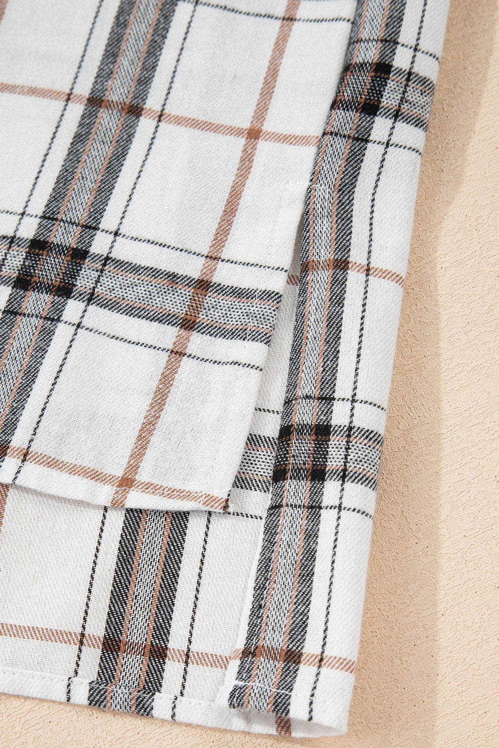 White Plaid Print Collared V Neck Loose Blouse with Side Slits 🇺🇸