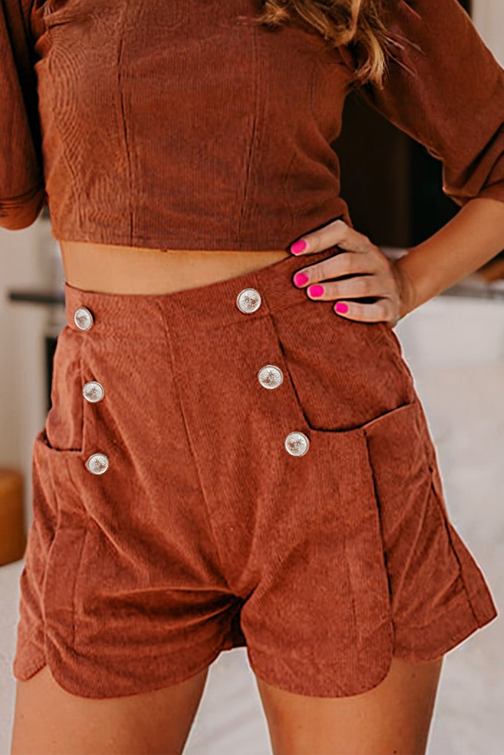 Clay Button Decor Scalloped Edge High Waist Corduroy Shorts 🇺🇸