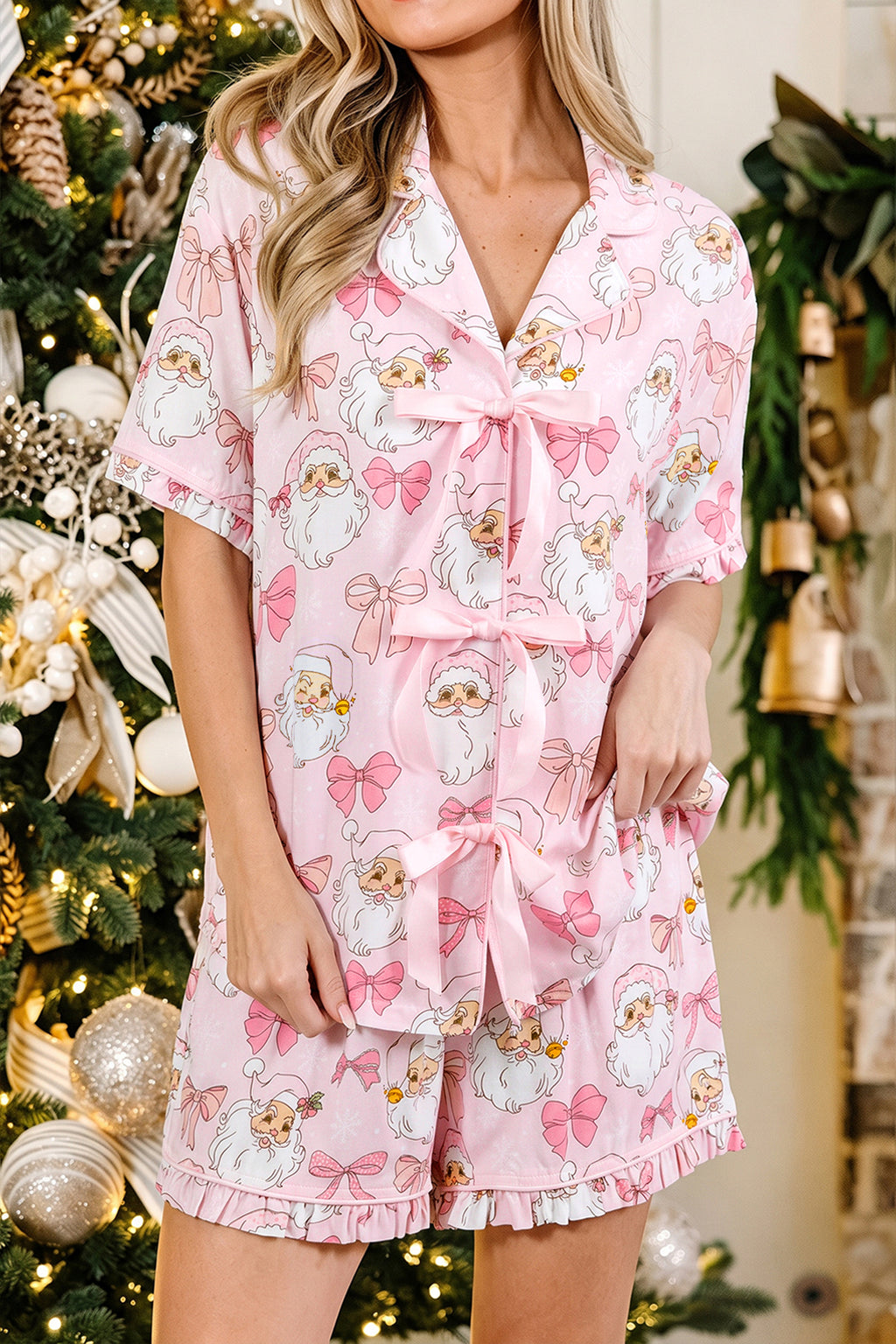 Pink Santa Print Paneling Shift Silhouette Short Sleeve Lounge Set 🇺🇸