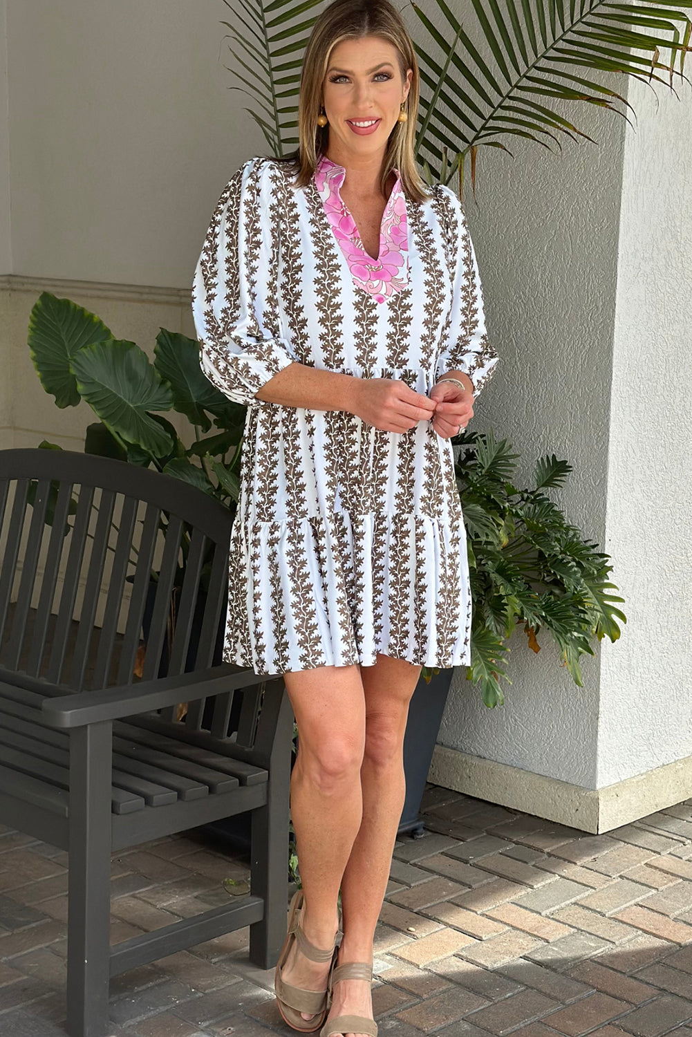 Black Contrast Floral V Neck Printed Bracelet Sleeve Dress 🇨🇳