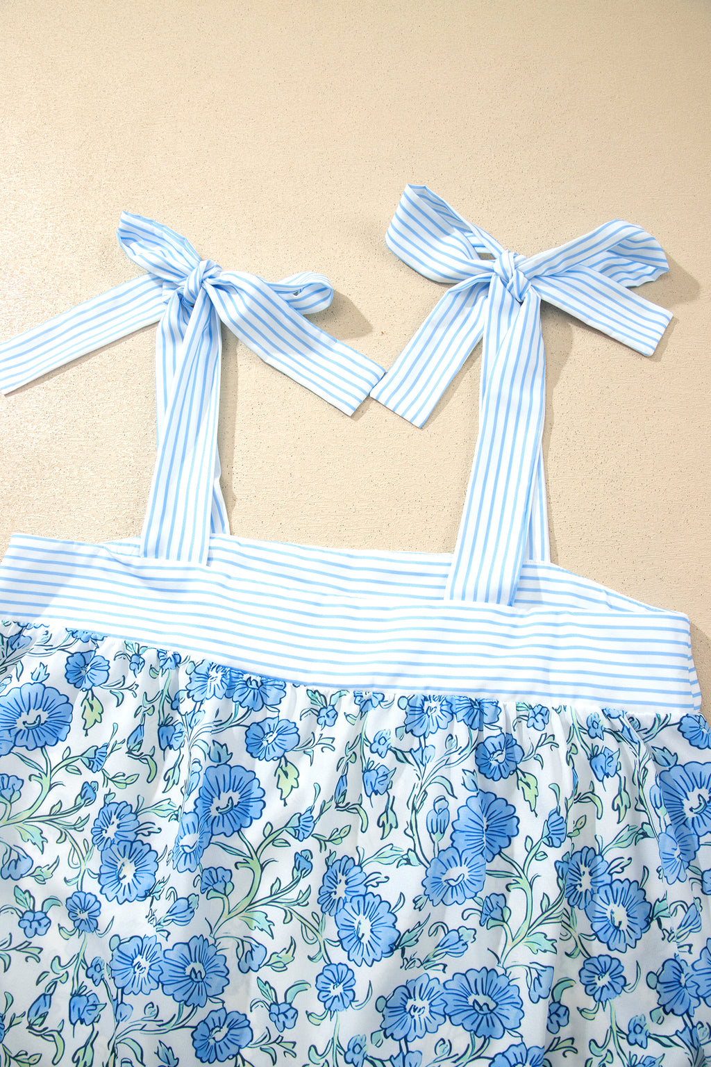Sky Blue Floral Striped Patchwork Knot Straps 2pcs Short Set 🇺🇸